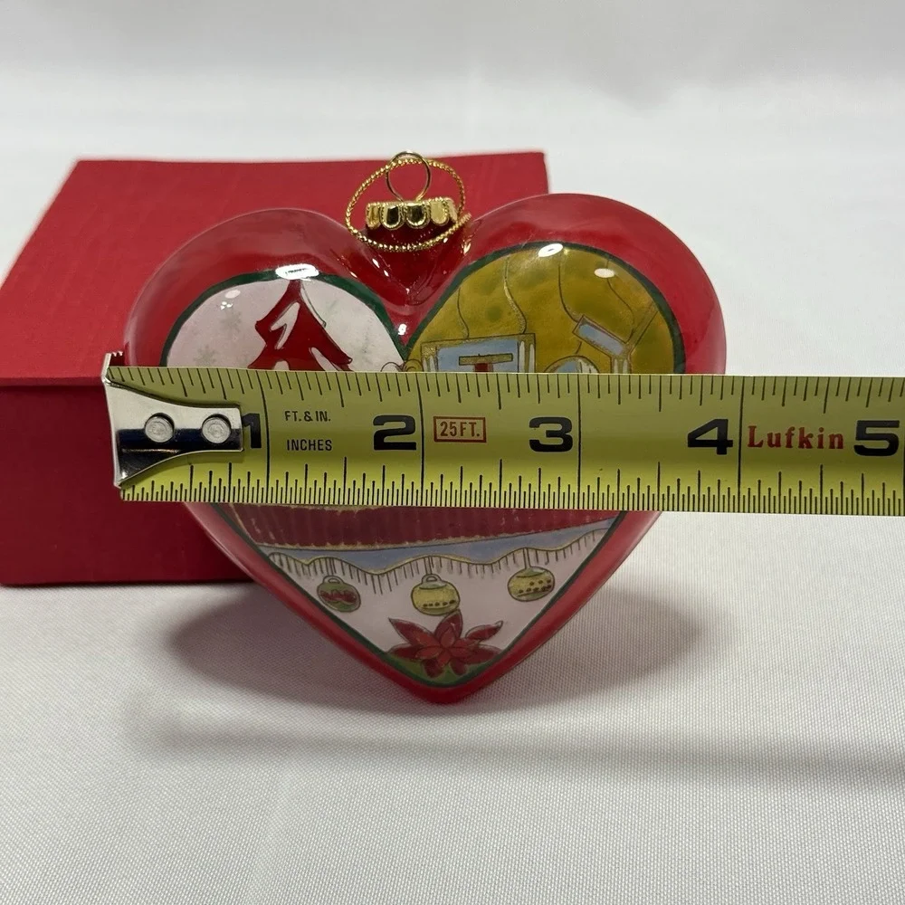 2008 Pier 1 Imports Heart Glass Christmas‎ Ornament Red NOEL Hand Painted Floral